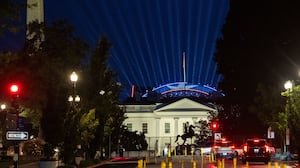 Lights shine from the Ultimate Fighting Championship ring during a test in preparation for the UFC Freedom 250 match on June 11, 2026 in Washington, DC.