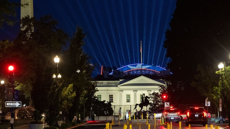 Lights shine from the Ultimate Fighting Championship ring during a test in preparation for the UFC Freedom 250 match on June 11, 2026 in Washington, DC.