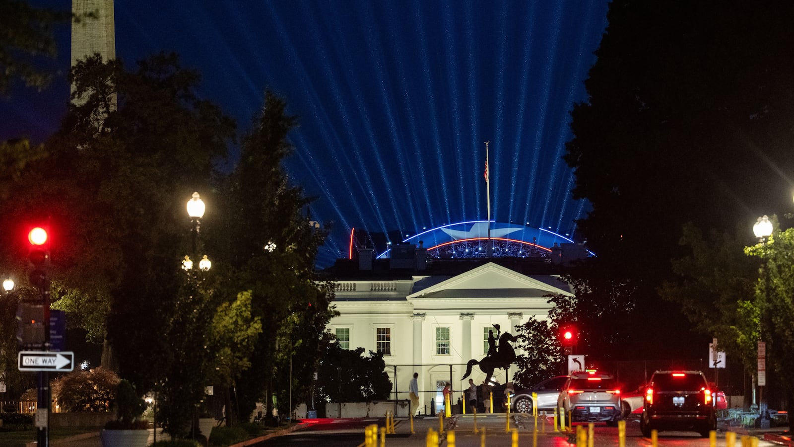 Lights shine from the Ultimate Fighting Championship ring during a test in preparation for the UFC Freedom 250 match on June 11, 2026 in Washington, DC.