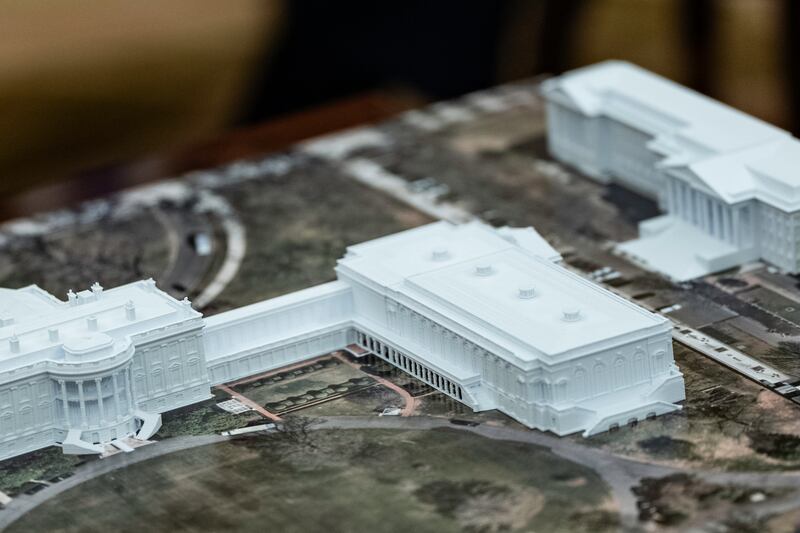 WASHINGTON, DC - OCTOBER 22, 2025: A model of the new ballroom is seen on a table during a meeting between U.S. President Donald Trump and NATO Secretary General Mark Rutte in the Oval Office of the White House in Washington, DC on October 22, 2025. (Photo by Salwan Georges/The Washington Post via Getty Images)