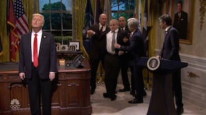 SNL, Trump standing aside while man faints at press conference