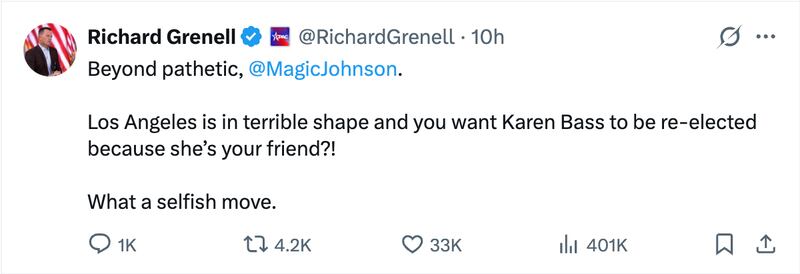 Richard Grenell attacks Magic Johnson over endorsement of Karen Bass
