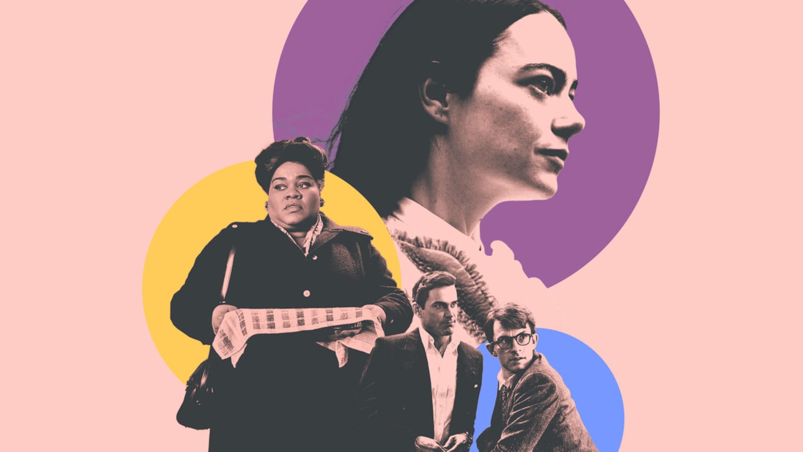 A photo illustration of Emma Thompson, Da’Vine Joy Randolph and Jonathan Bailey and Matt Bomer