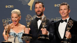 Katherine LaNasa Best Supporting Actress in a Drama Series, and Noah Wyle Best Actor in a Drama Series for "The Pitt", which won Best Drama Series, pose with Shawn Hatosy at the 77th Primetime Emmy Awards in Los Angeles, California, U.S., September 14, 2025