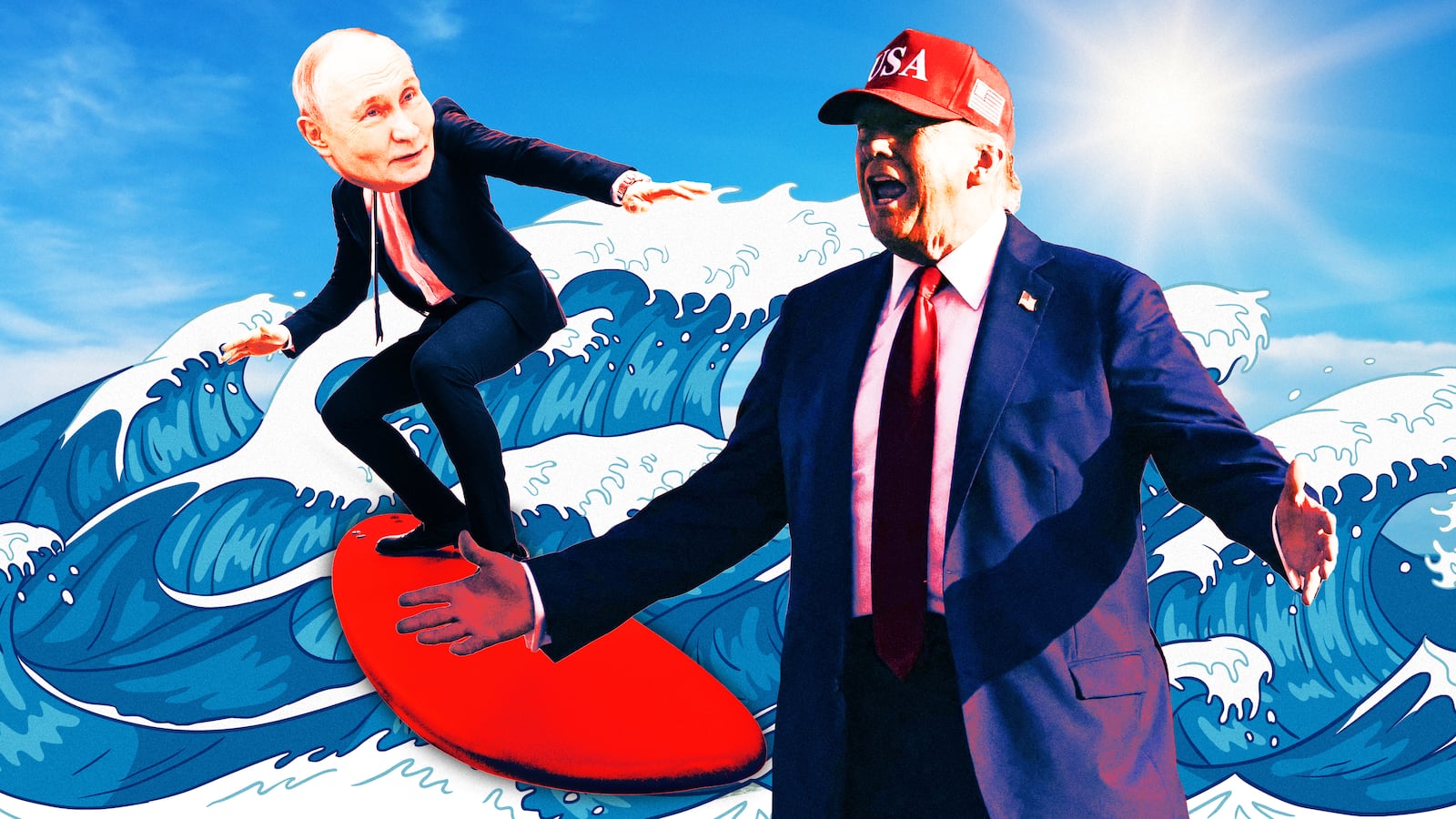 A photo illustration of Vladimir Putin on a red surfboard and President Donald Trump in front of blue waves.
