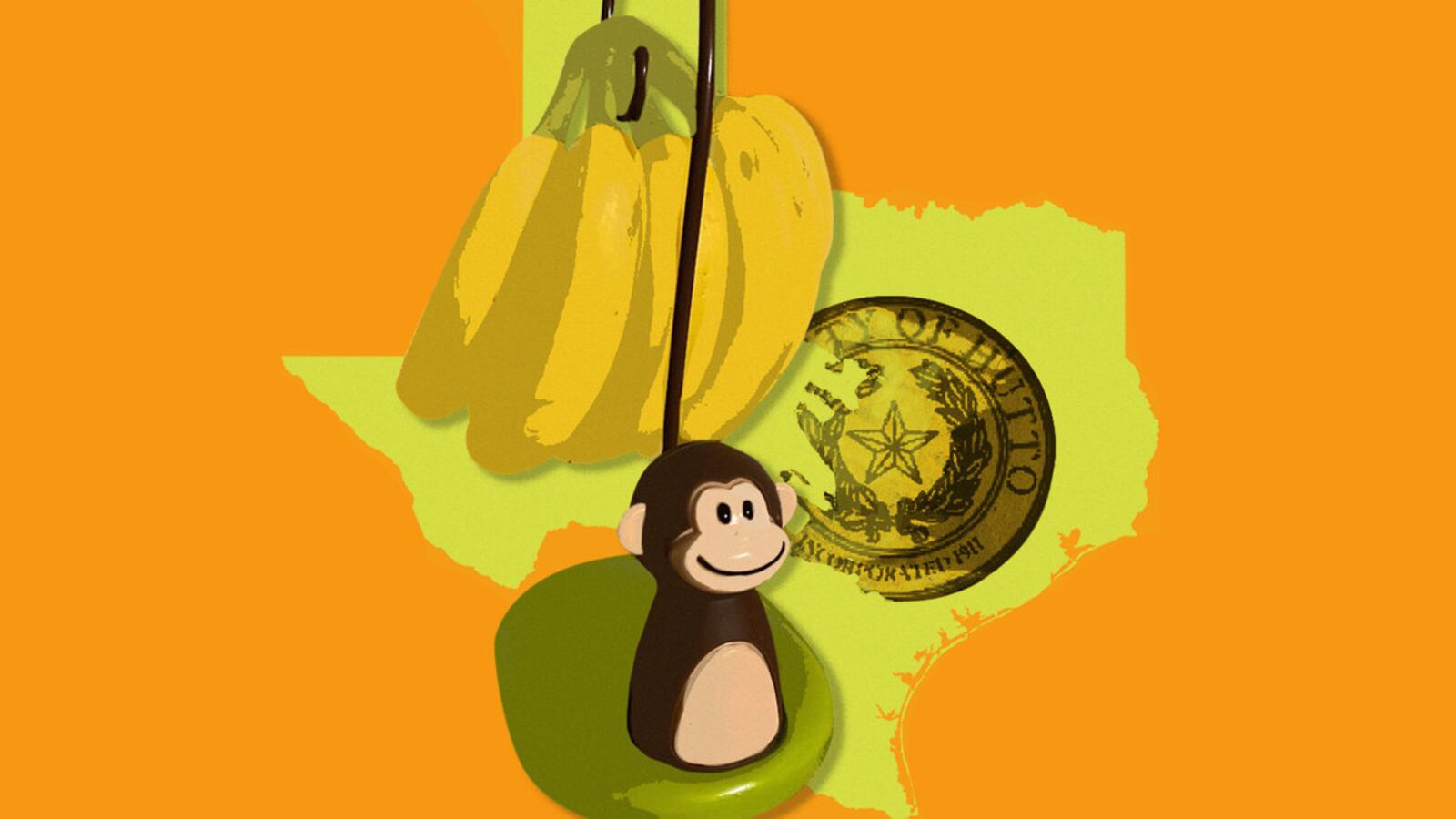 A photo illustration showing the banana stand at the center of the controversy with the town seal of Hutto in front of a map of Texas.