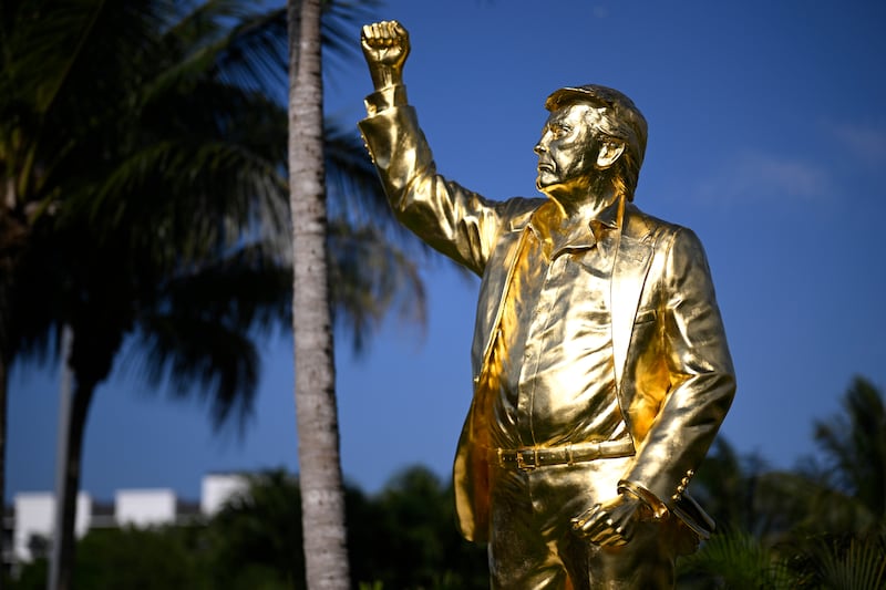 DORAL, FLORIDA - APRIL 30: A statue of President Donald Trump is seen near the ninth tee during the first round of the Cadillac Championship 2026 at Trump National Doral Miami on April 30, 2026 in Doral, Florida.