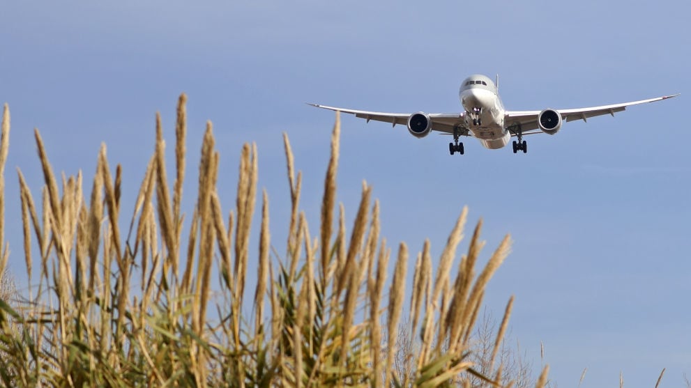 A Boeing 787-9 Dreamliner from Qatar Airways is landing at Barcelona Airport.