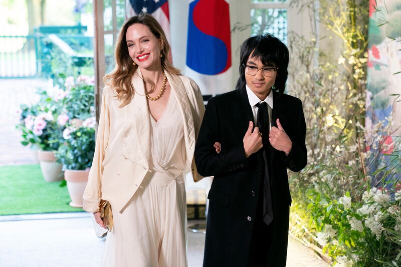 Angelina Jolie and son Maddox arrive for the State Dinner in honor of South Korean President Yoon Suk Yeol, at the White House in Washington, DC, on April 26, 2023.