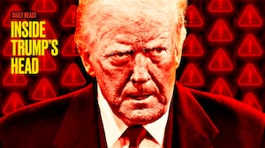 A photo illustration of Donald Trump with red warning signals behind him for the Inside Trump's Head podcast.