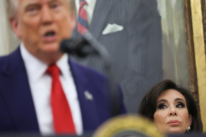 Jeanine Pirro looks on as U.S. President Donald Trump speaks during her swearing-in ceremony as interim U.S. Attorney for the District of Columbia, at the White House in Washington, D.C., U.S., May 28, 2025.