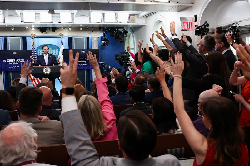 U.S. Vice President JD Vance speaks during a press briefing at the White House in Washington, D.C., U.S., May 19, 2026.  REUTERS/Kevin Lamarque