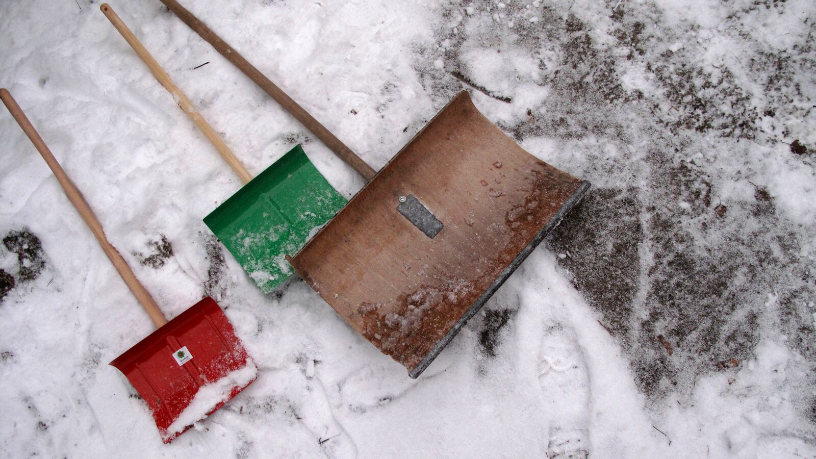 Several shovels seen on a snowy ground
