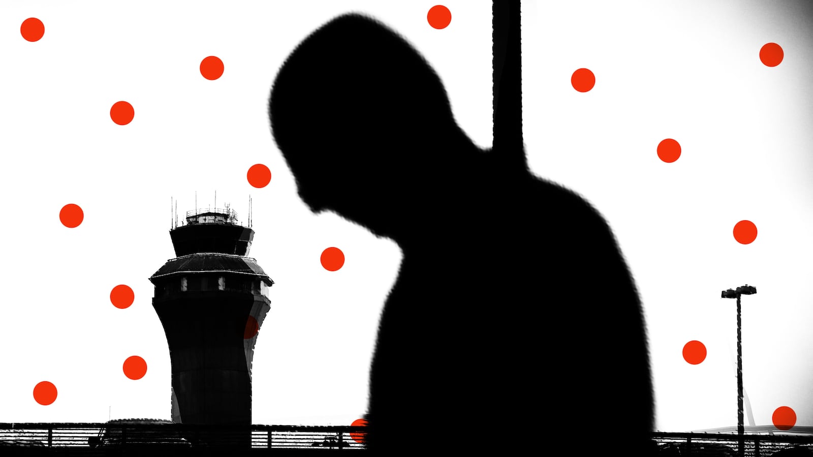 Silhouetted image of a man at Newark Airport with red dots all over