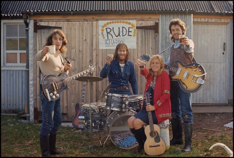 Paul McCartney and Wings outside Rude Studio in Scotland, 1971.