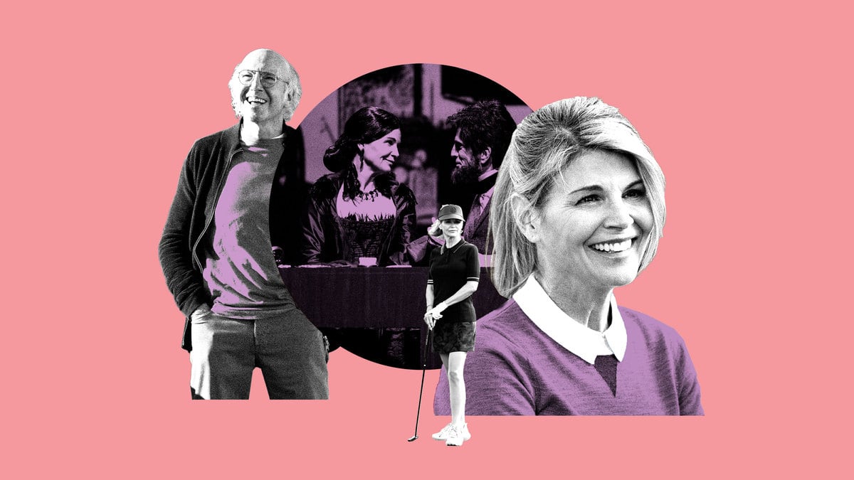 A photo illustration of Lori Loughlin and Larry David
