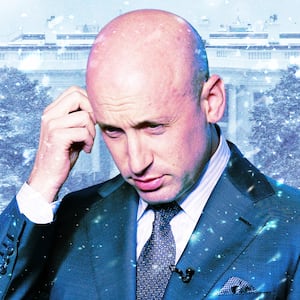 A photo illustration of Stephen Miller outside the White House in the snow.