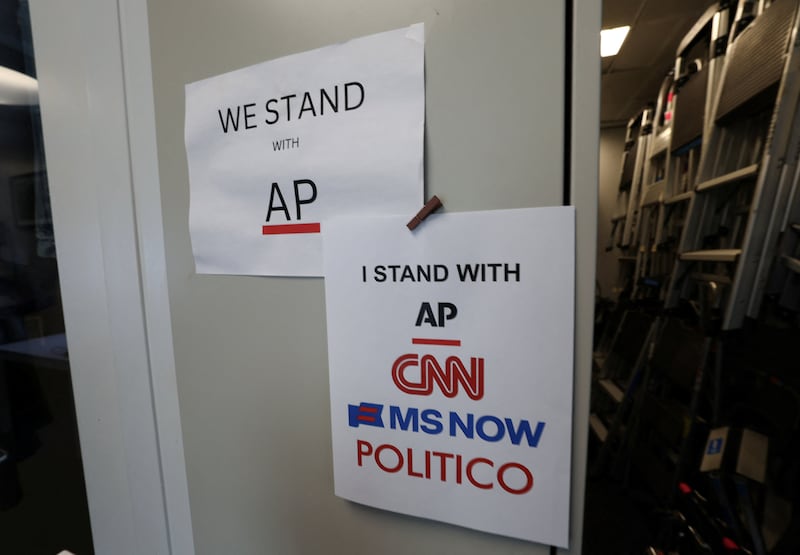 An updated solidarity sign adding CNN, MS NOW and POLITICO hangs outside the Associated Press booth at the White House grounds after President Donald Trump banned three major news outlets – CNN, MS NOW and Politico from the White House, in Washington, D.C., US, September 21, 2026.