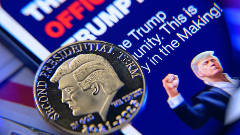 A representation of the $Trump meme coin in Brussels, Belgium, last February.