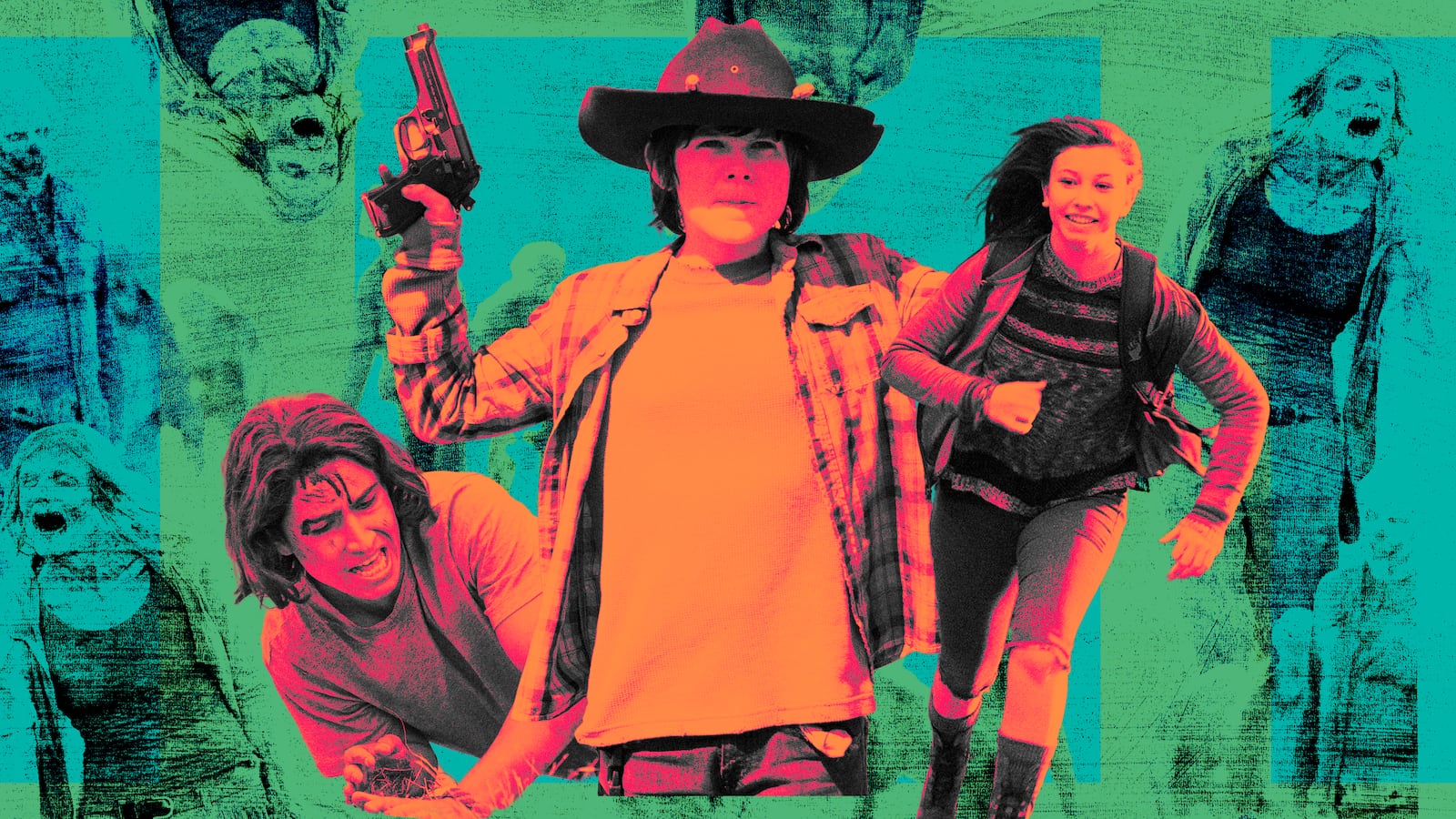 Photo illustration of AMC The Walking Dead’s child actors Carl Grimes, Enid, and Christopher Manawa.