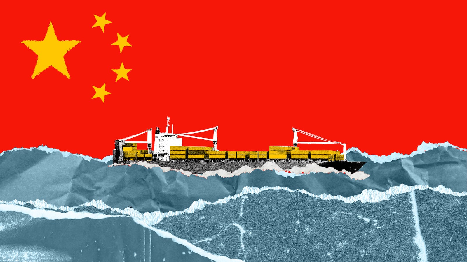 A photo illustration of a cargo ship in the Red Sea.