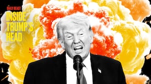 Donald Trump with explosions behind him