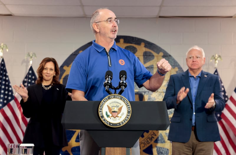 Shawn Fain, Kamala Harris and Tim Walz
