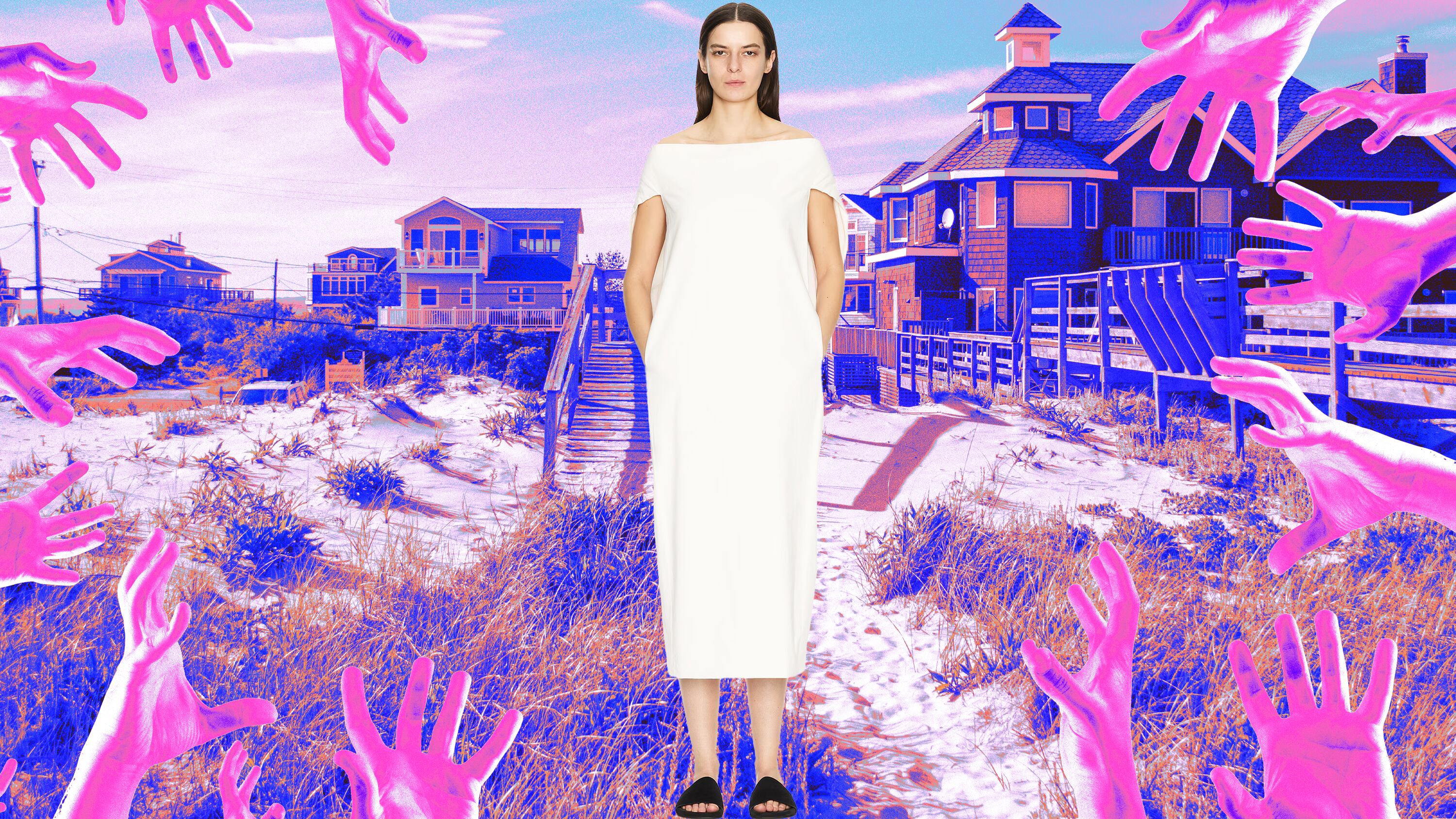 A photo illustration of a beach in The Hamptons and an Anitas Dress in Wool from The Row in white.