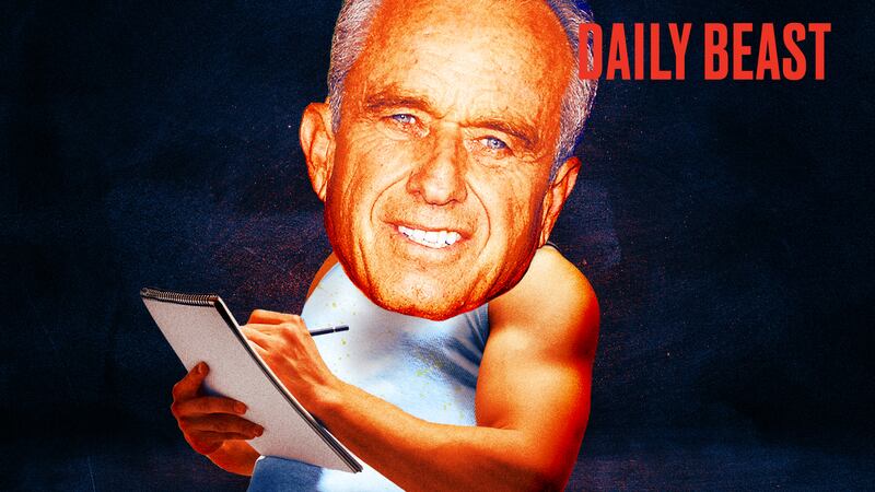 A photo illustration of RFK Jr. writing on an notepad.