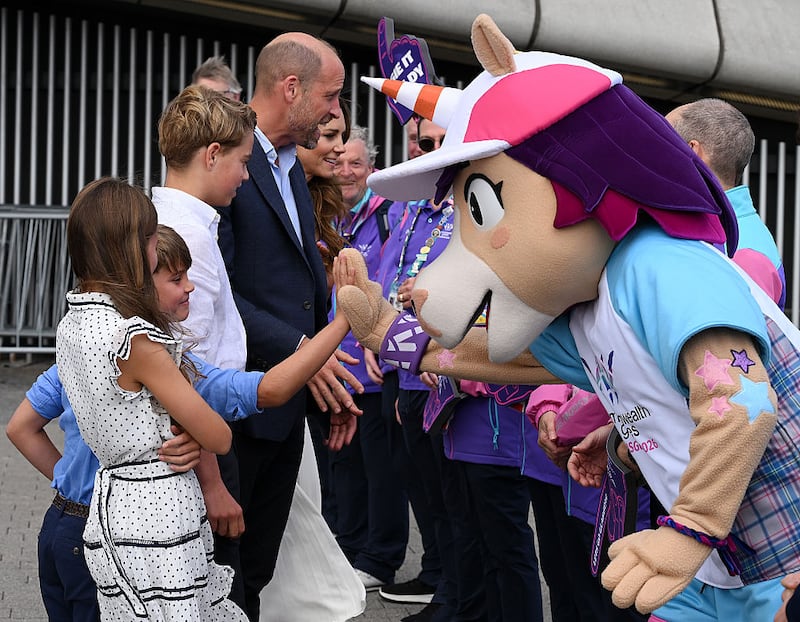 The Prince and Princess of Wales, William and Catherine, and their children Prince George, Princess Charlotte and Prince Louis, meet volunteers and athletes during the Glasgow 2026 Commonwealth Games at The SEC Centre on Aug. 1, 2026, in Glasgow, Scotland.