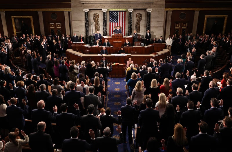 WASHINGTON, DC - JANUARY 03: U.S. Representatives of the 119th Congress are sworn in during the first day of session in the House Chamber of the U.S. Capitol Building on January 03, 2025 in Washington, DC. Rep. Mike Johnson (R-LA) retained his Speakership in the face of opposition within his own party as the 119th Congress holds its first session to vote for a new Speaker of the House. (Photo by Chip Somodevilla/Getty Images)