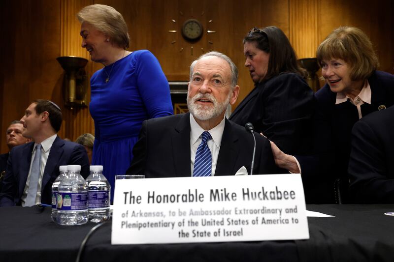 WASHINGTON, DC - MARCH 25: Former Governor of Arkansas Mike Huckabee, U.S. President Donald Trump's nominee to be ambassador to Israel, arrives to testify during his Senate Foreign Relations Committee confirmation hearing at the Dirksen Senate Office Building on March 25, 2025 in Washington, DC. Huckabee, the former governor and presidential candidate, answered questions on Israel and its campaign against Hamas. (Photo by Kevin Dietsch/Getty Images)