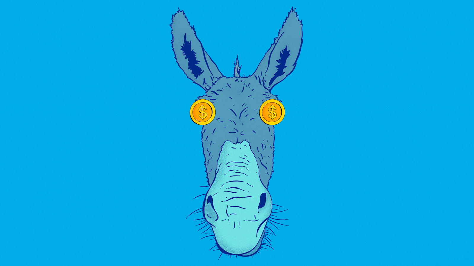 Illustrative gif of a blue donkey with gold coins rotating on the eyes on a blue background.