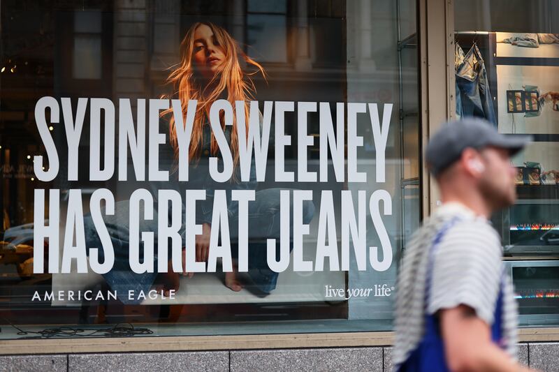 A window display of actress Sydney Sweeney is seen on a window of an American Eagle store on August 01, 2025 in New York City. American Eagle’s recent denim ad campaign featuring Sweeney has drawn backlash for language and imagery that critics say echoes eugenics-era rhetoric.