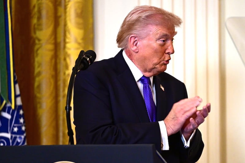 President Donald Trump speaks during a Medal of Honor ceremony in the East Room of the White House in Washington, United States, on March 2, 2026.