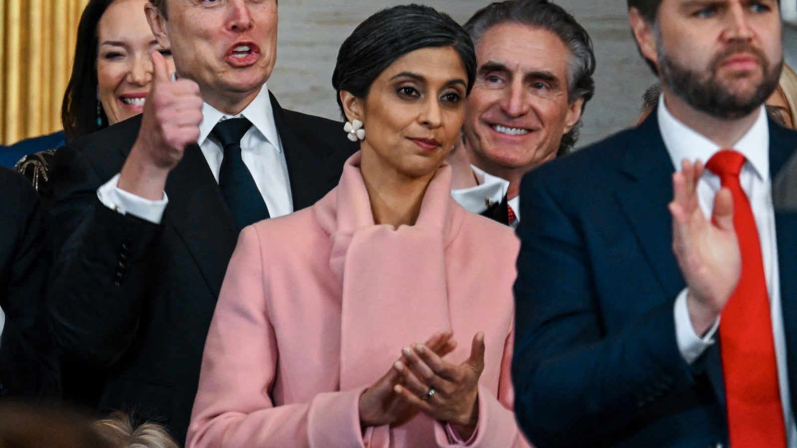 Donald Trump Jr., Sundar Pichai, Elon Musk, Usha Vance, Doug Burgum and Vice President JD Vance applaud during the inauguration of Donald Trump as the 47th president of the United States takes place inside the Capitol Rotunda of the U.S. Capitol building in Washington, D.C., Monday, January 20, 2025. It is the 60th U.S. presidential inauguration and the second non-consecutive inauguration of Trump as U.S. president. (Photo by Kenny Holston/The New York Times / AFP) (Photo by KENNY HOLSTON/THE NEW YORK TIMES/AFP via Getty Images)