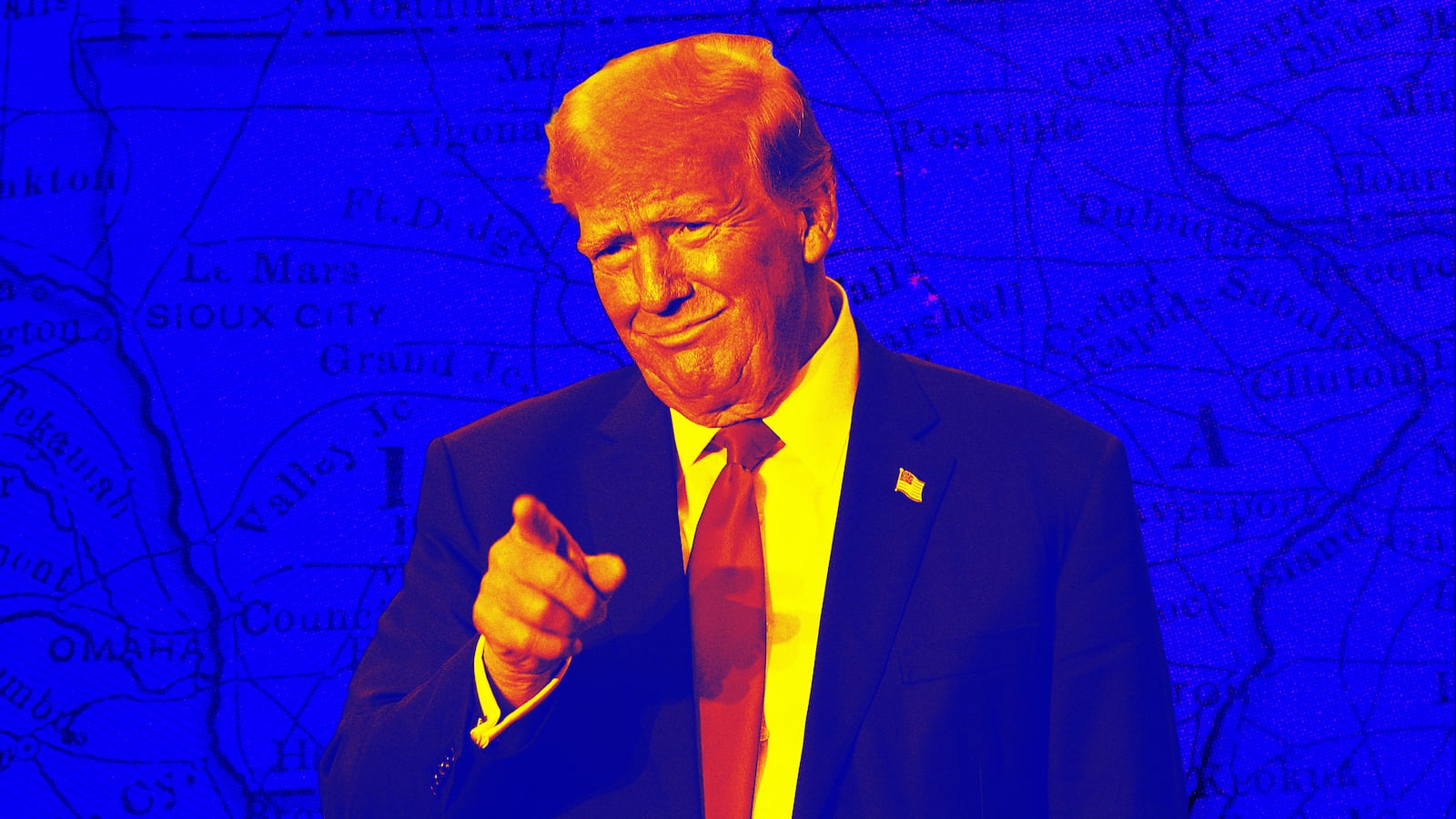 A photo illustration of former President Donald Trump and a map of Iowa.