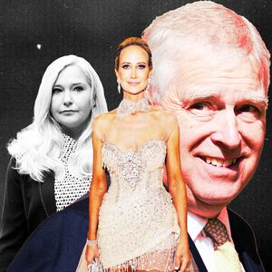 A photo illustration of Virginia Giuffre, Lady Victoria Hervey, and Prince Andrew.