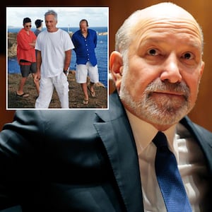 Commerce Secretary Howard Lutnick and a photo seemingly showing Lutnick (blue top) with Jeffrey Epstein.