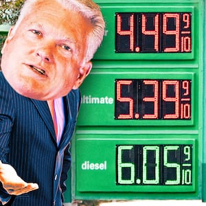 A photo illustration of Rep. Mike Collins in front of a gas station price sign.