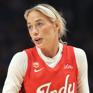 Indiana Fever guard Sophie Cunningham reacts to game play against the Portland Fire during the first half at Moda Center.