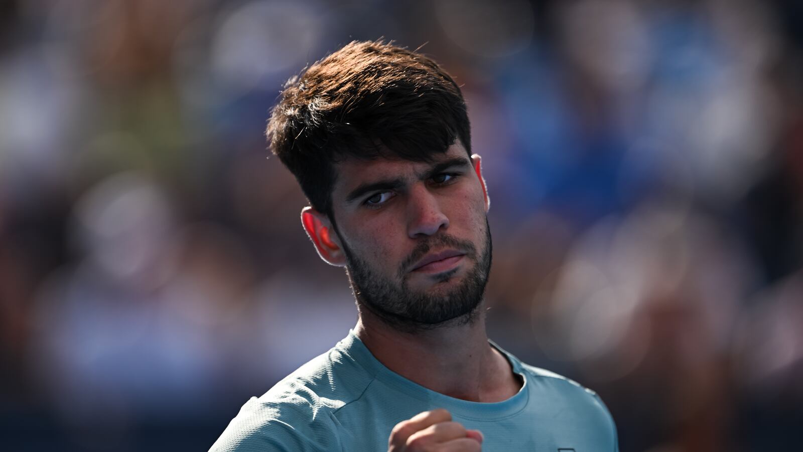 Carlos Alcaraz of Spain reacts to Andrey Rublev of Russia during the Men's Singles Quarterfinal match on day nine of the Cincinnati Open 2025 at Lindner Family Tennis Center on August 15, 2025, in Mason, Ohio. (Photo by Daniel Kopatsch/Getty Images)