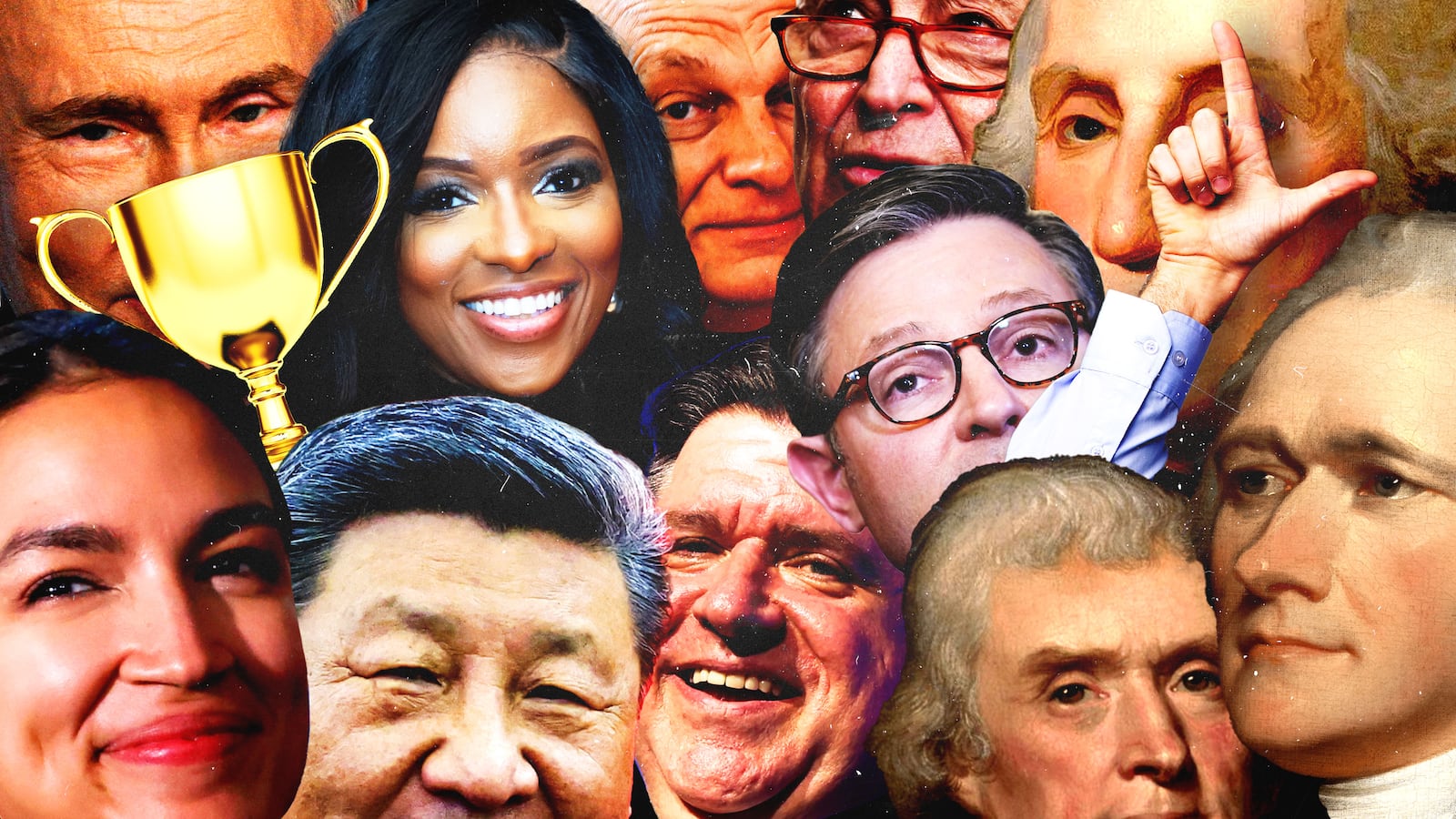 Vladimir Putin, Alexandria Ocasio Cortez, Xi Jinping, Jasmine Crockett, Viktor Orban, JB Pritzker, Chuck Schumer, Mike Johnson, George Washington, Alexander Hamilton, and Thomas Jefferson collaged with a "loser" hand symbol and a golden trophy