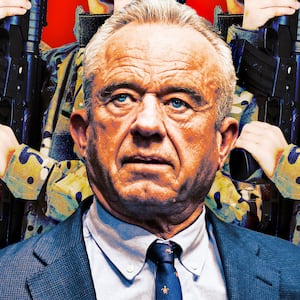 A photo illo illustration of Robert F. Kennedy Jr. in front of young soldiers.