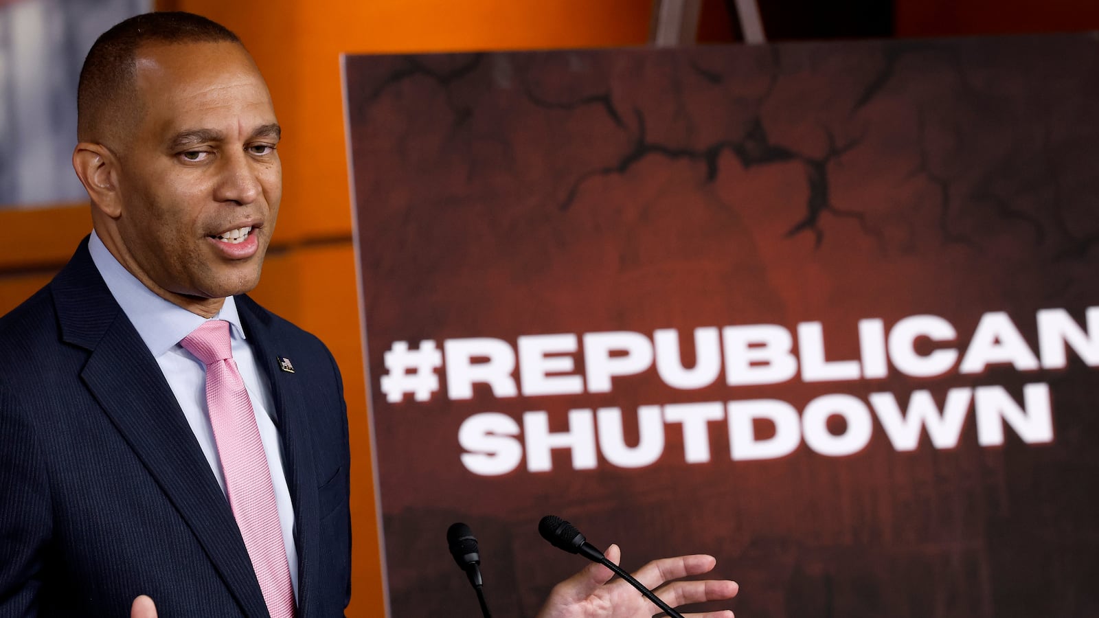 WASHINGTON, DC - SEPTEMBER 12: House Minority Leader Hakeem Jeffries (D-NY) holds his weekly news conference at the U.S. Capitol Visitors Center on September 12, 2024 in Washington, DC. Facing a divided majority in the House of Representatives, Speaker of the House Mike Johnson (R-LA) has not been able to get his party to agree on legislation that would avoid a partial federal government shutdown in 19 days. (Photo by Chip Somodevilla/Getty Images)
