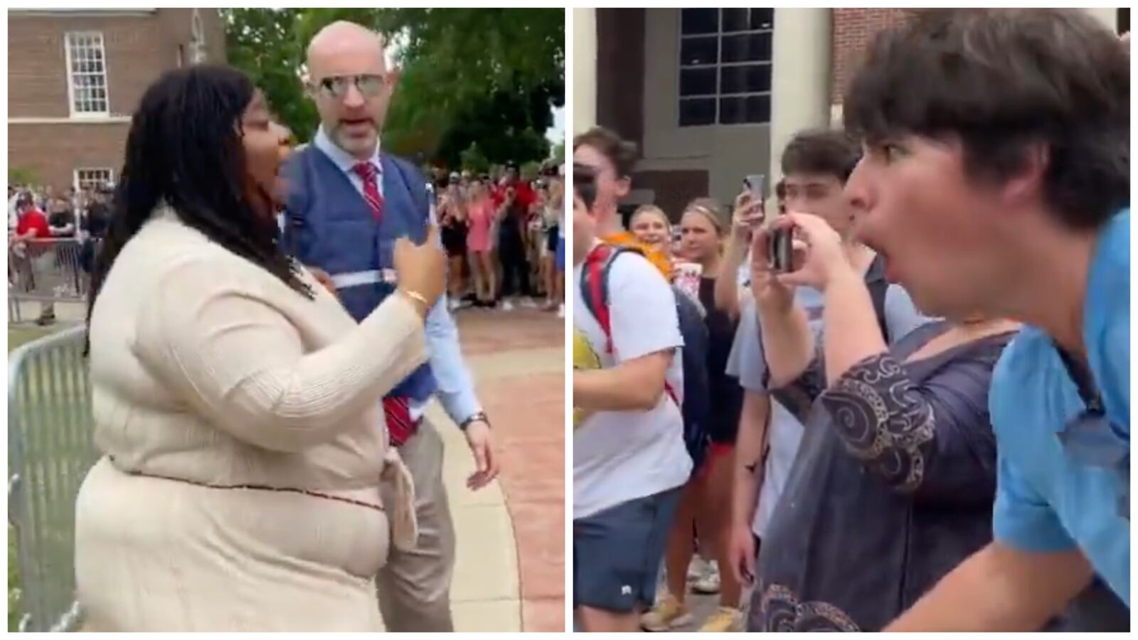Side-by-side photos of a Black woman and a group of white protesters confronting each other.