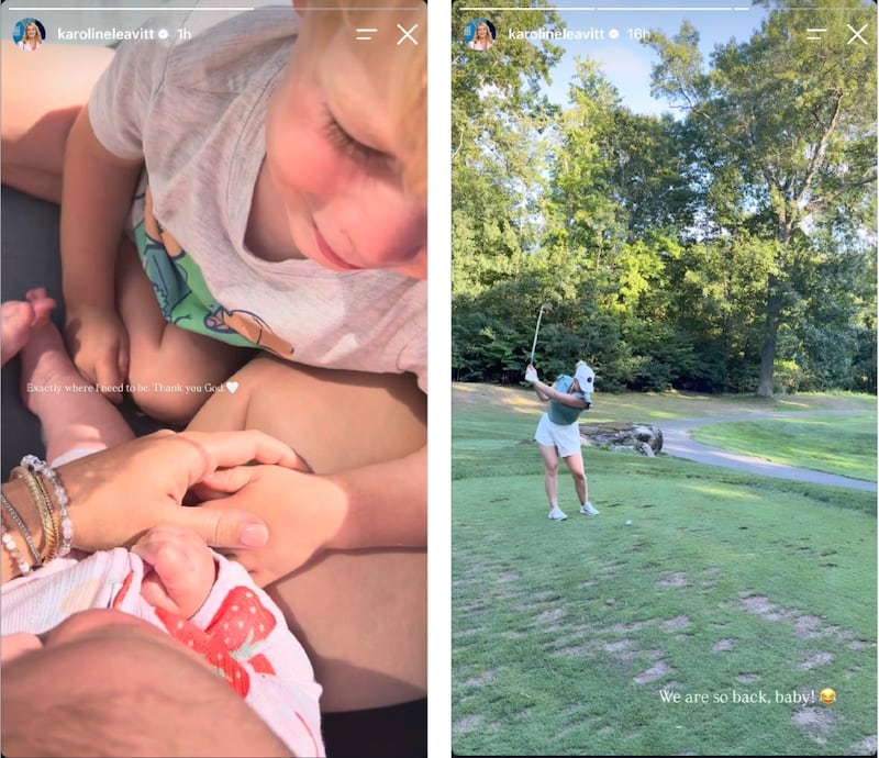 Instagram post by Karoline Leavitt showing her with her babies and playing golf.