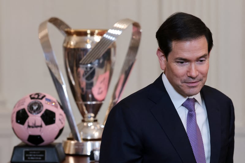 U.S. Secretary of State Marco Rubio reacts, on the day U.S. President Donald Trump honors reigning Major League Soccer (MLS) champion Inter Miami CF players and team officials with an event in the East Room of the White House in Washington, D.C., U.S., March 5, 2026. REUTERS/Jonathan Ernst