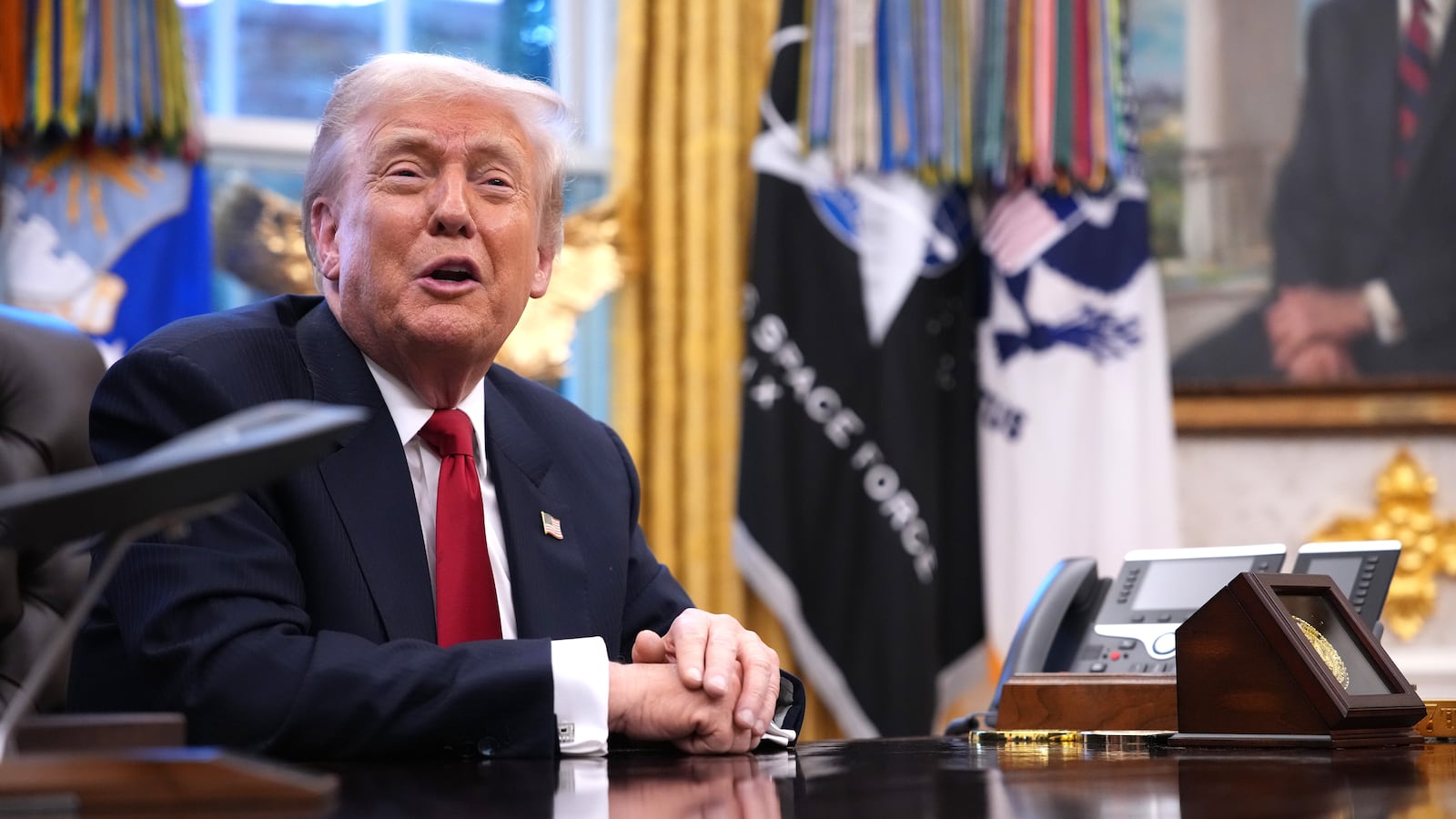 WASHINGTON, DC - NOVEMBER 21: U.S. President Donald Trump delivers remarks during a meeting with New York City Mayor-elect Zohran Mamdani in the Oval Office of the White House on November 21, 2025 in Washington, DC. Trump congratulated Mamdani on his election win as the two political opponents met to discuss policies for New York City, including affordability, public safety, and immigration enforcement. (Photo by Andrew Harnik/Getty Images)