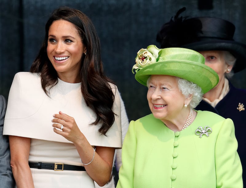 Meghan, Duchess of Sussex and Queen Elizabeth II attend a ceremony to open the new Mersey Gateway Bridge on June 14, 2018 in Widnes, England. Meghan Markle married Prince Harry last month to become The Duchess of Sussex and this is her first engagement with the Queen. During the visit the pair will open a road bridge in Widnes and visit The Storyhouse and Town Hall in Chester.